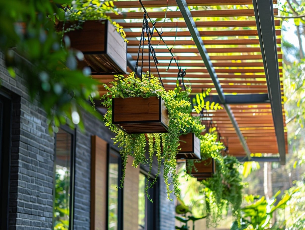 Planters hanging from the ceiling of a covered balcony