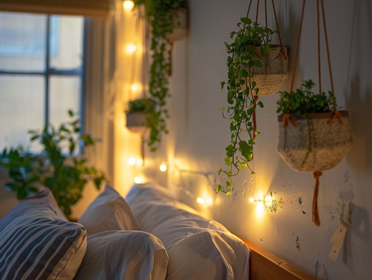 Plants hanging above a bed from its headboard