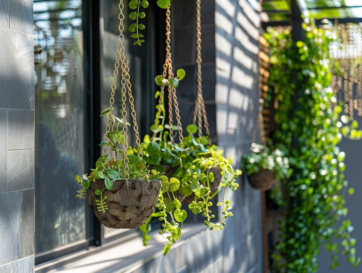 Plants hanging in the backyard with decorative chains