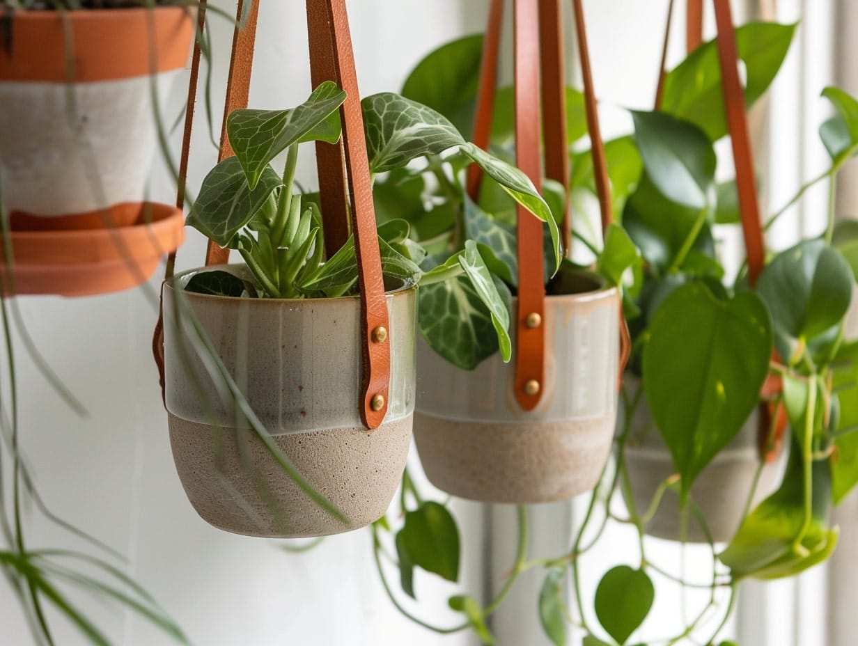 Hanging planters made from leather straps