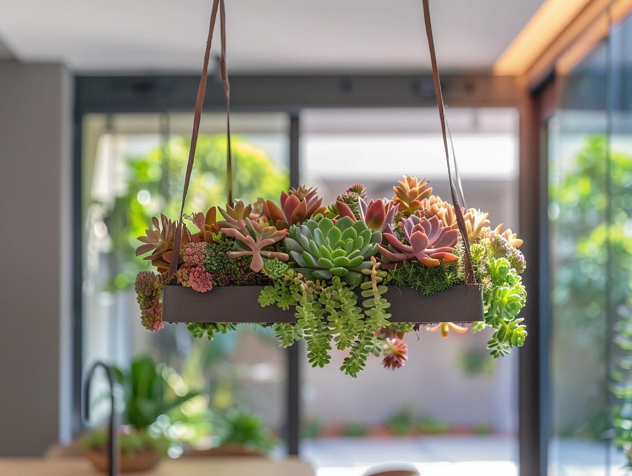 An indoor hanging succulent garden