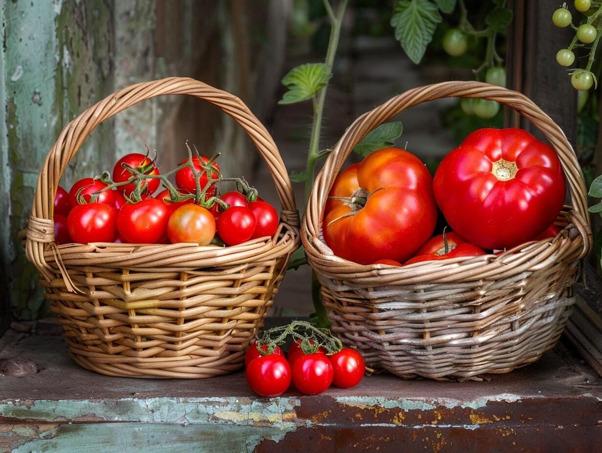 Harvested tomatoes in baskets