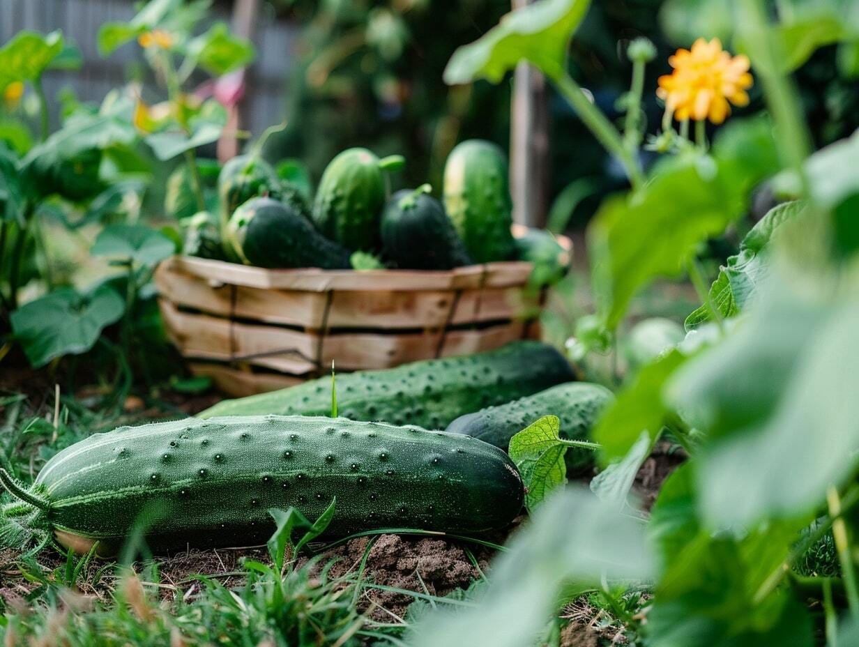 Harvested cucumbers in a basket 