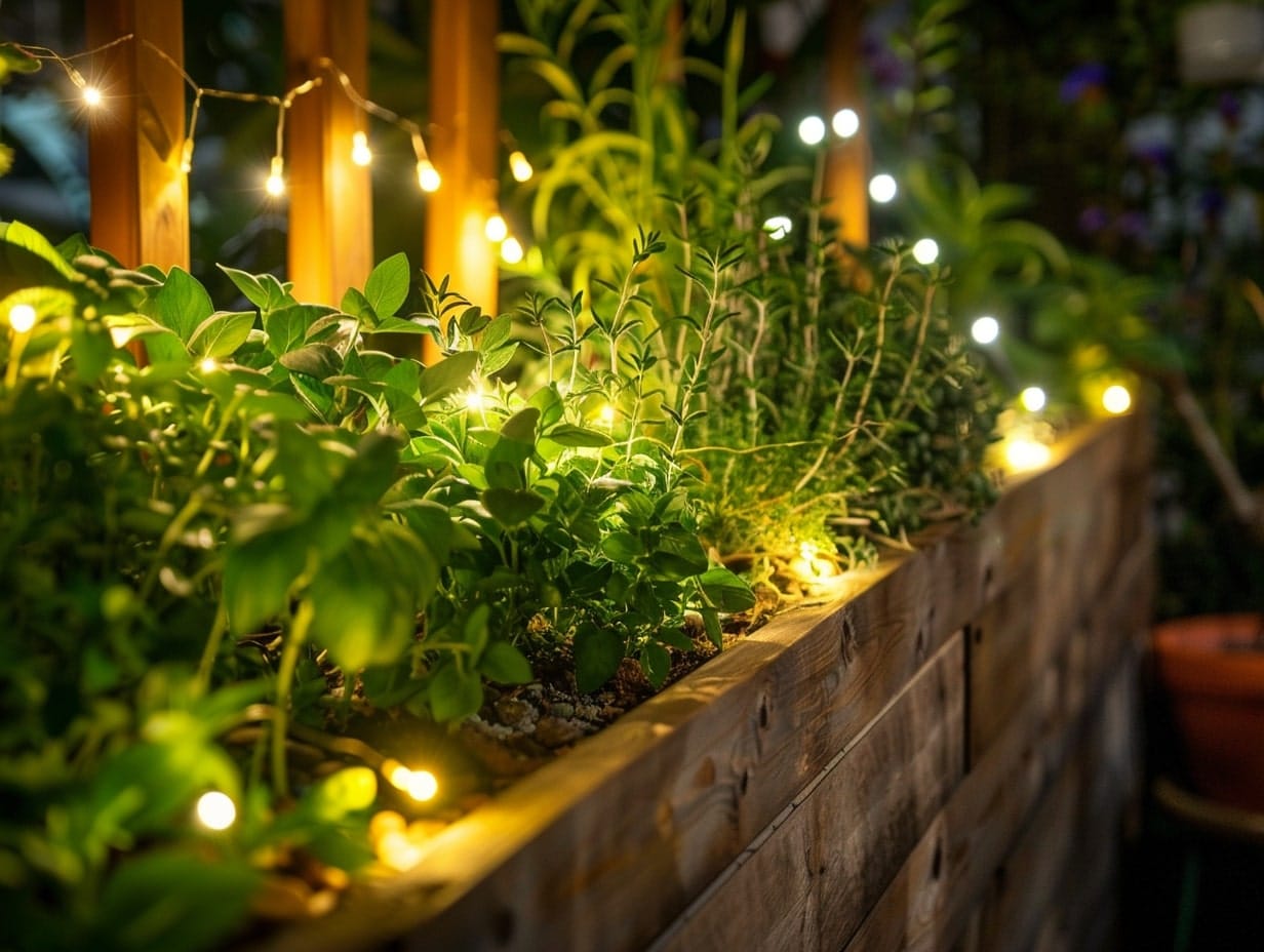 Garden herbs decorated with string lights