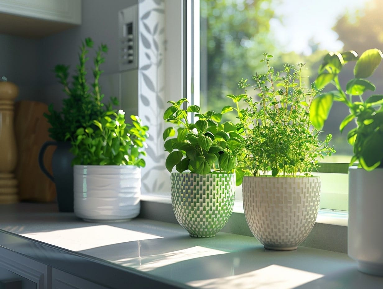 Herbs planted in pots and placed near the kitchen window