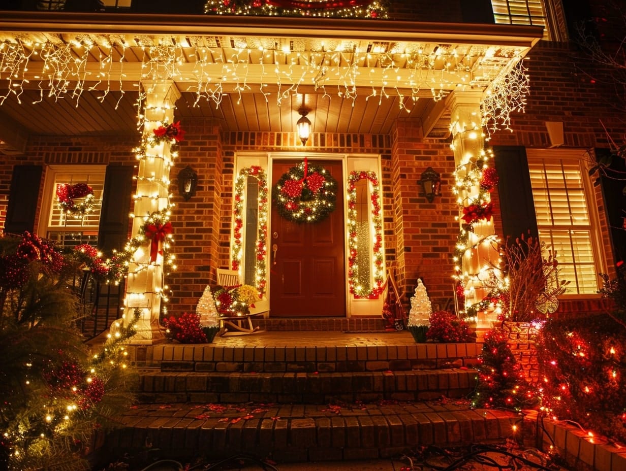 A house decorated with string lights for Christmas