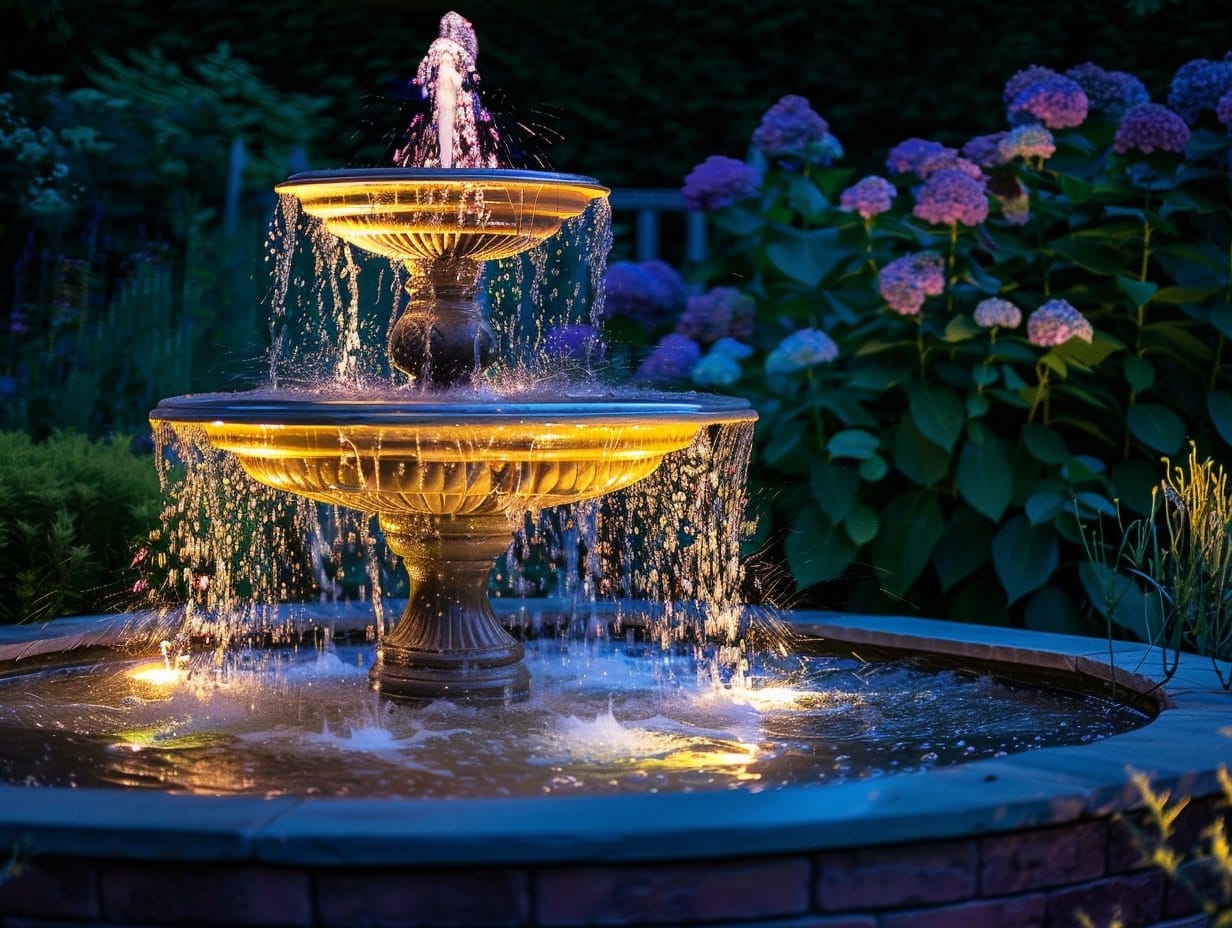 An illuminated fountain decorating a garden