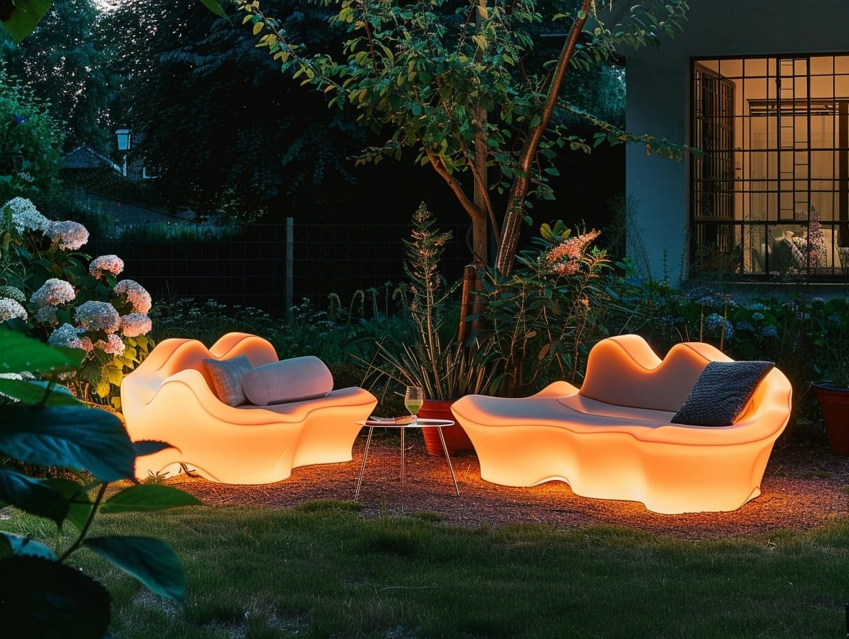 Illuminated furniture installed in a garden