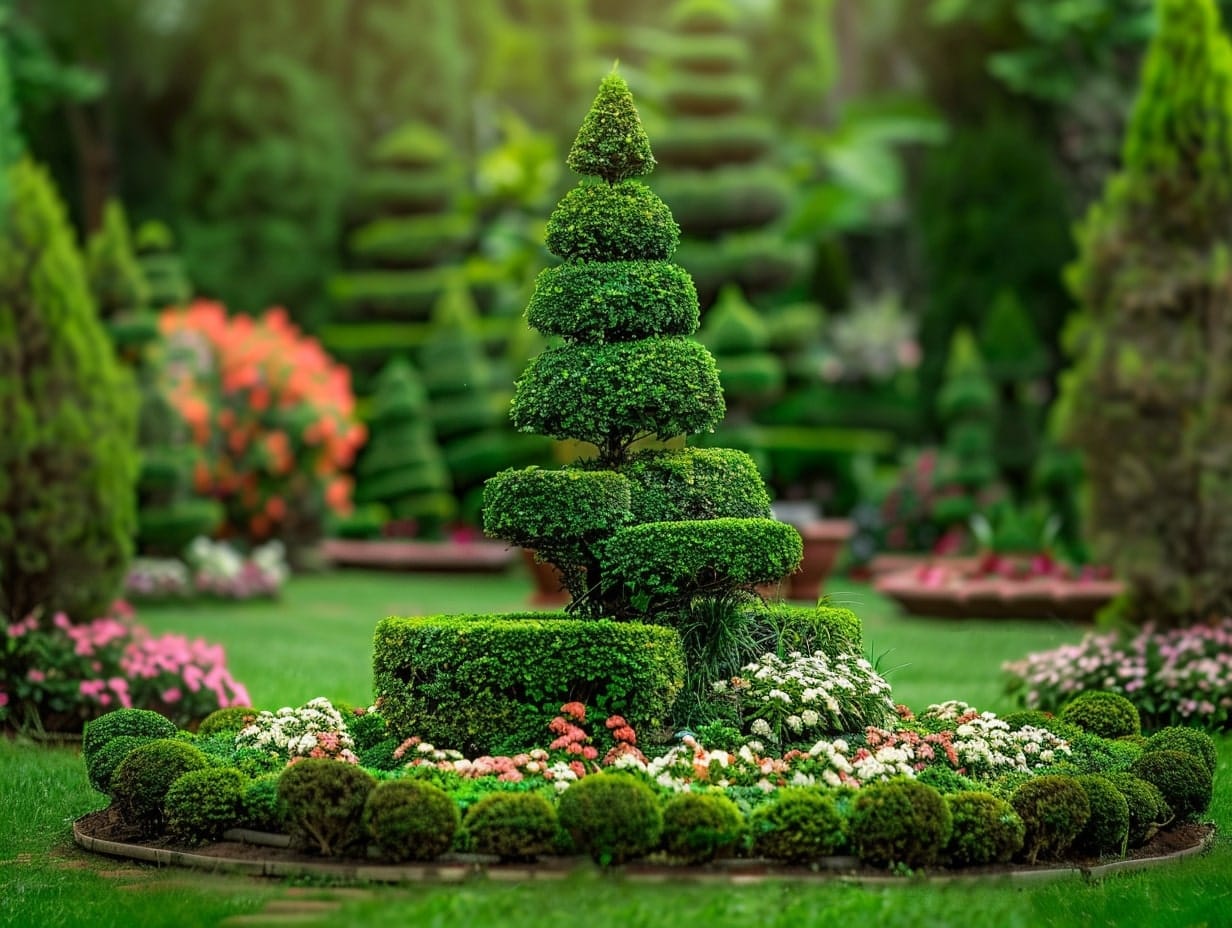 Topiaries shaped in abstract forms in a garden