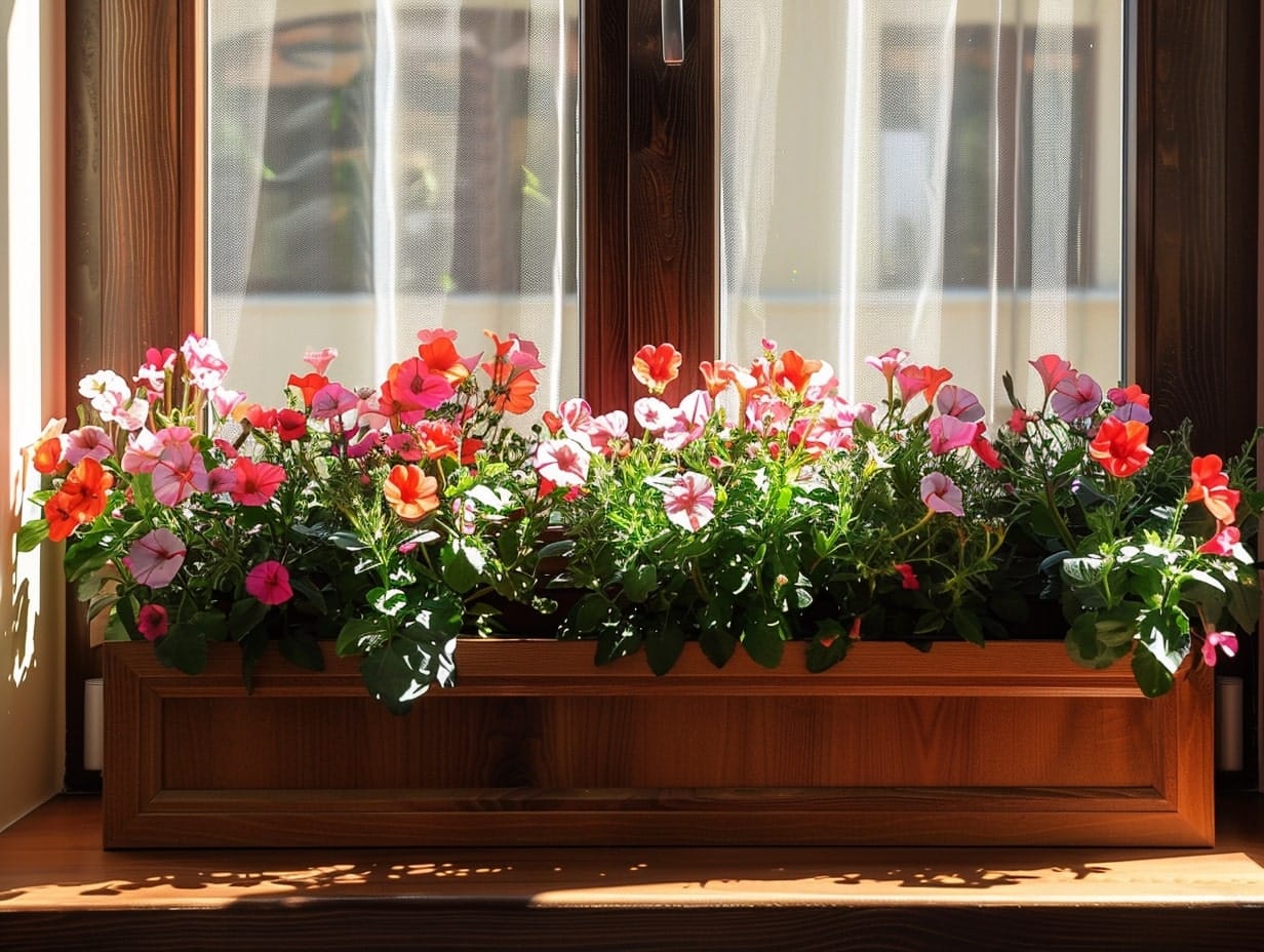 An indoor window box with colorful flowers