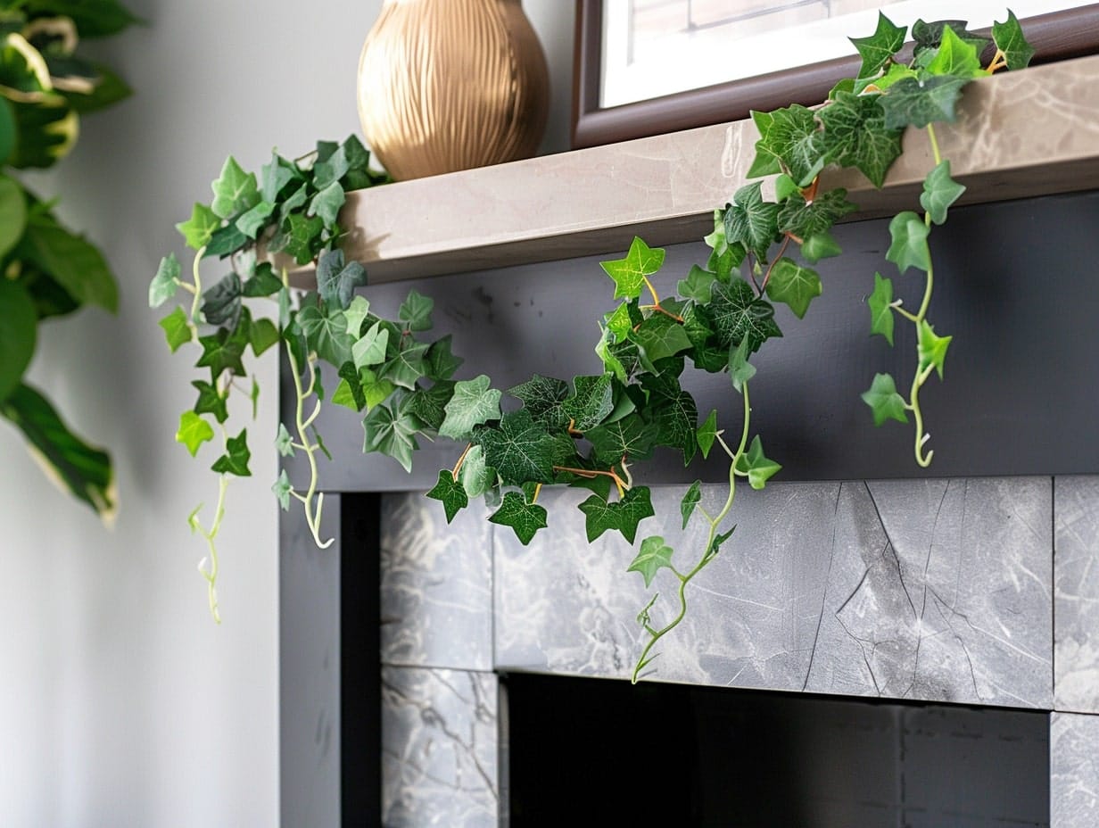 Ivy draped along a fireplace's mantel