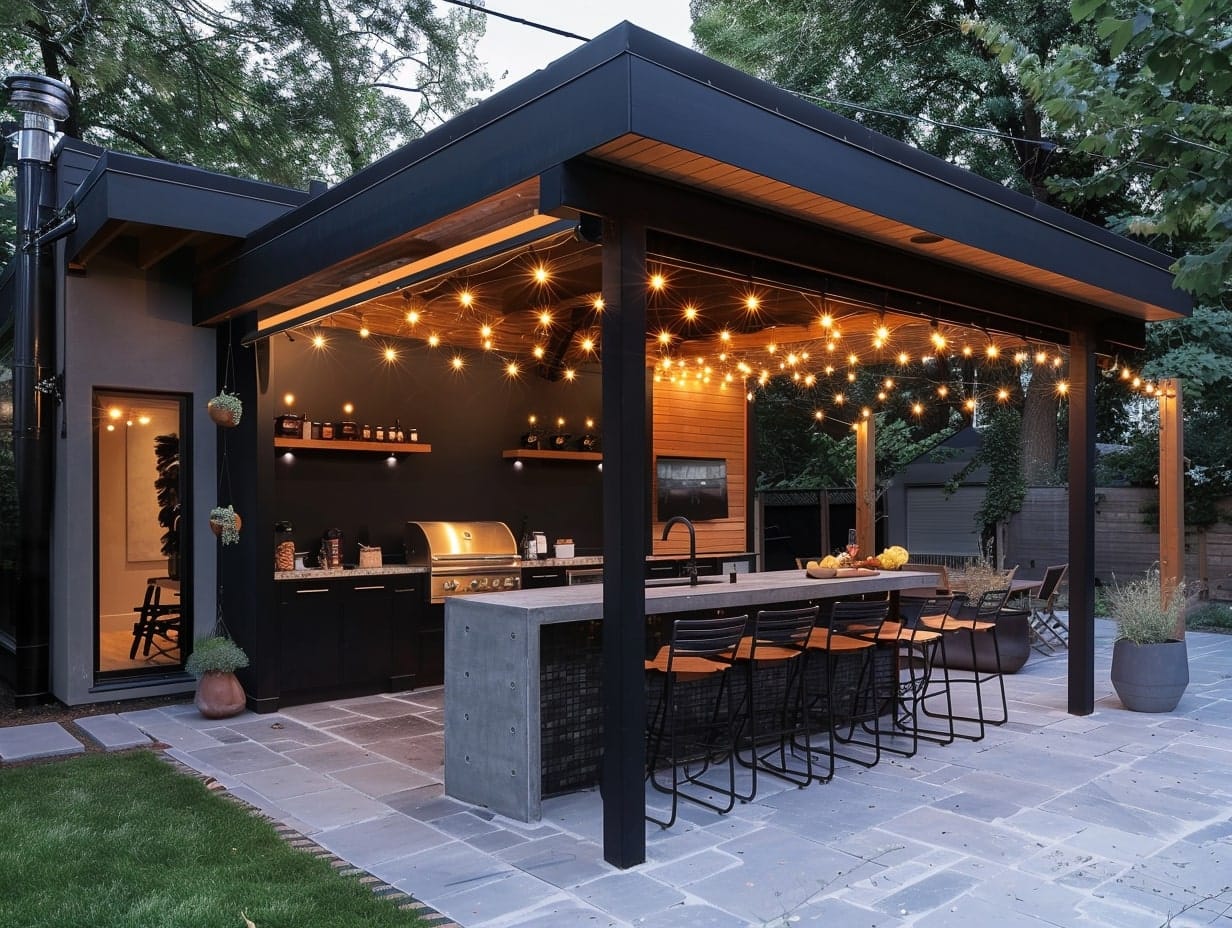 An outdoor kitchen decorating with string lights hanging from the kitchen roof