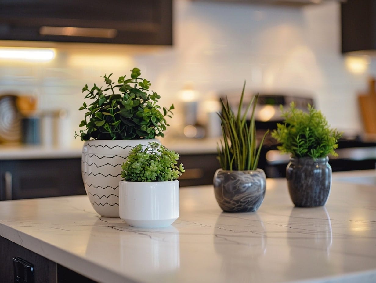 A kitchen island decorated with small planters