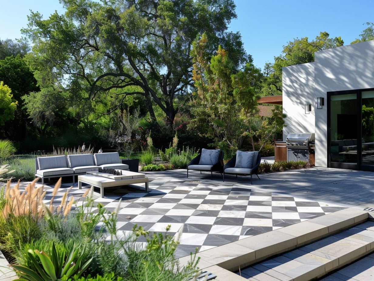 A large walkable chessboard in a garden