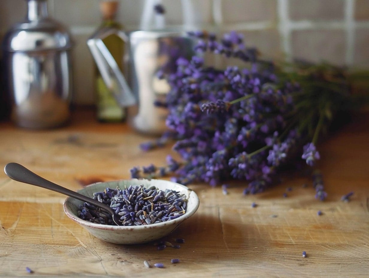 A bowl of culinary lavender for cooking purposes.