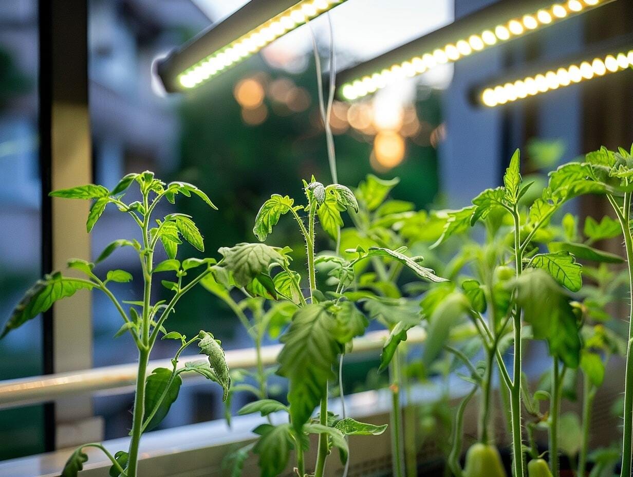 Young tomato plants under LED grow lights