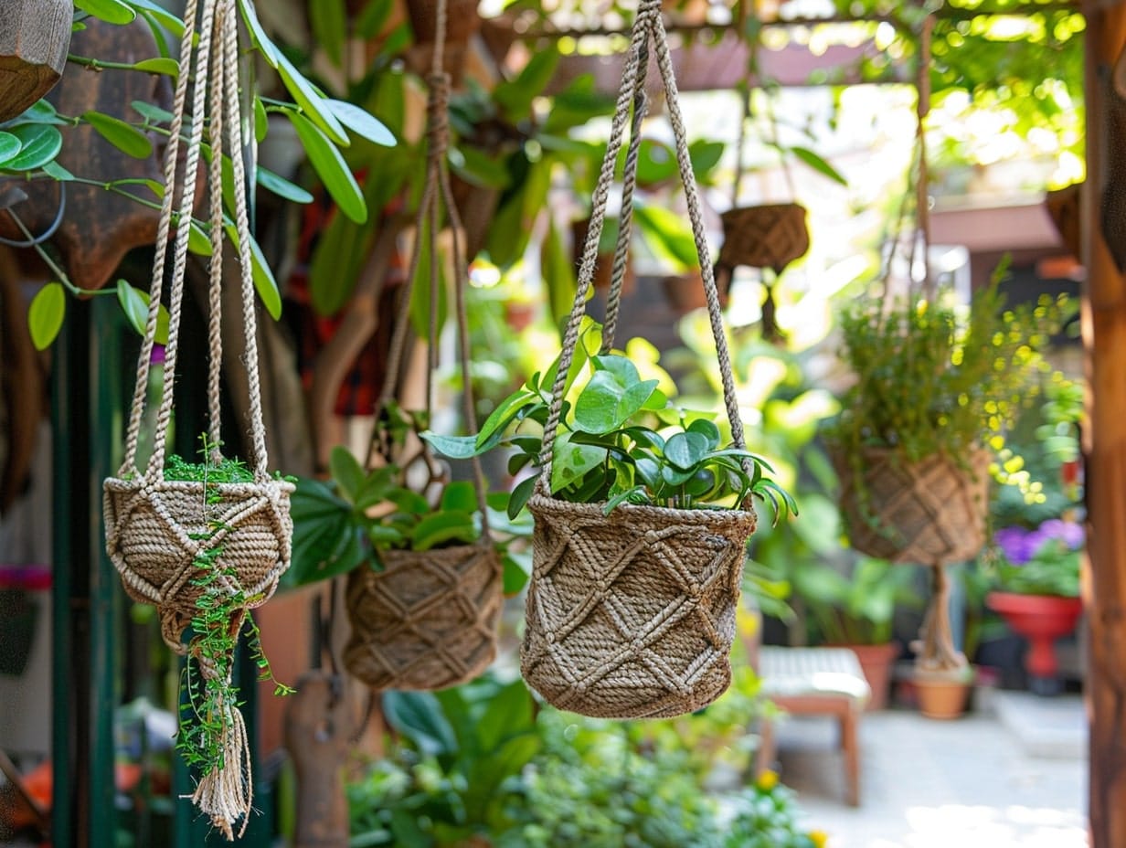 Macrame style hanging planters in a backyard