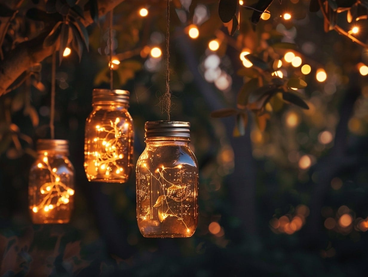 Mason jar filled with string lights hanging from trees 