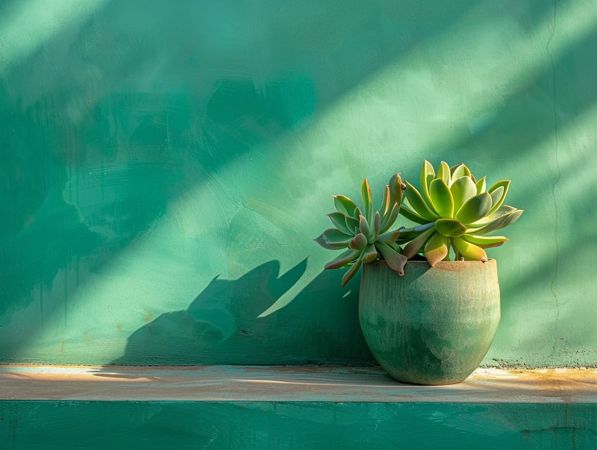 A succulent plant matching the color of an interior wall