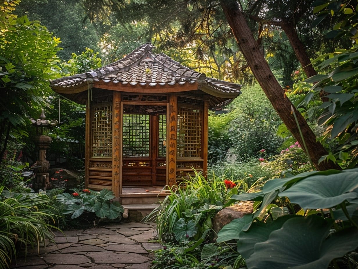 A small wooden hut built in the center of a garden for meditation and relaxation