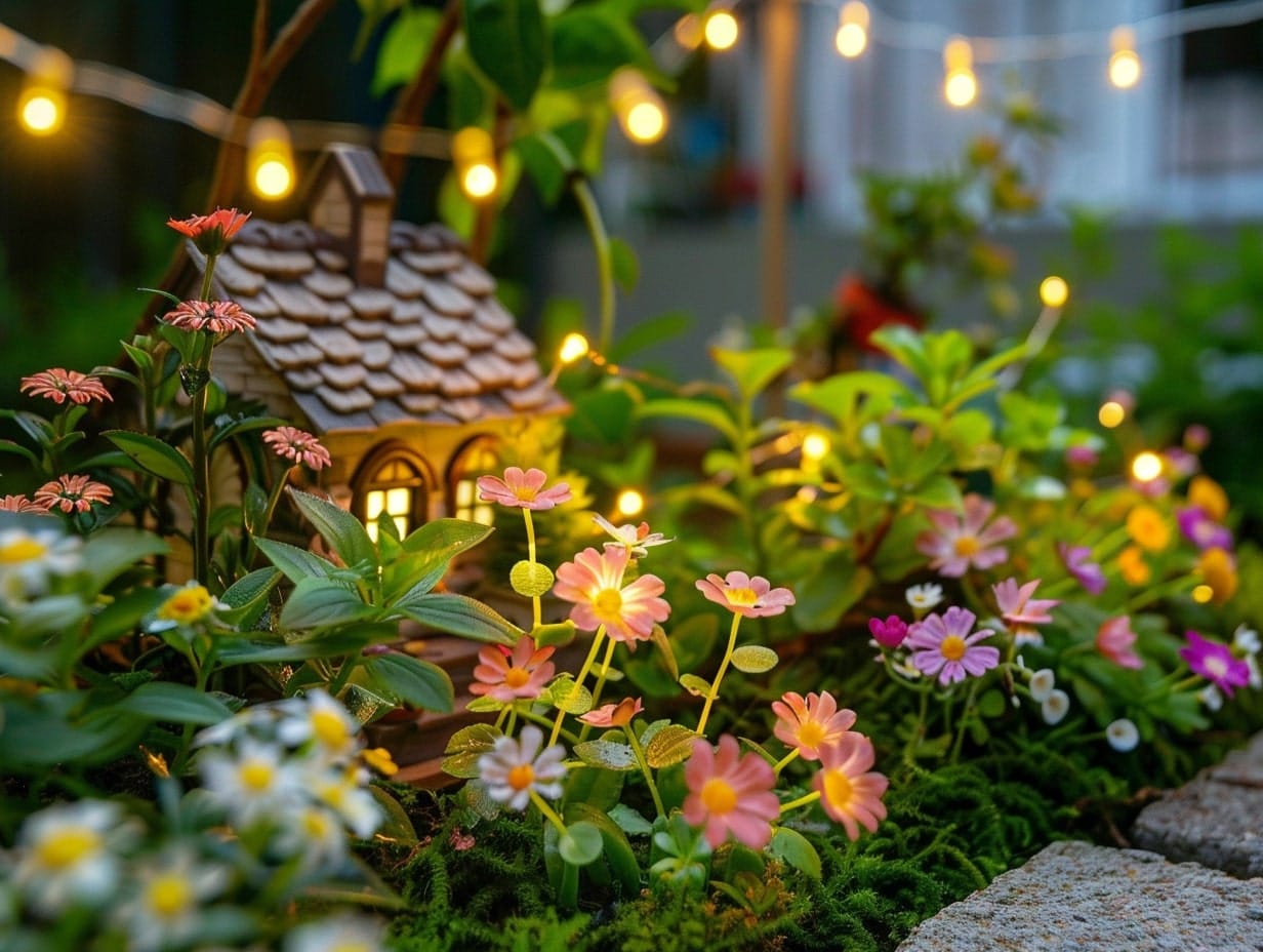 A mini flower garden with fairy decorations