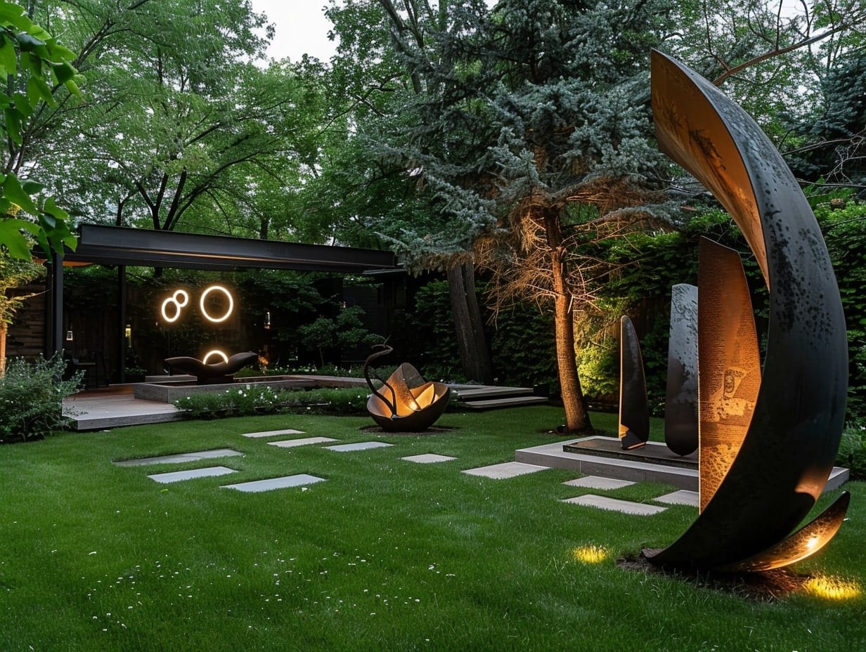 Modern sculptures installed in a garden