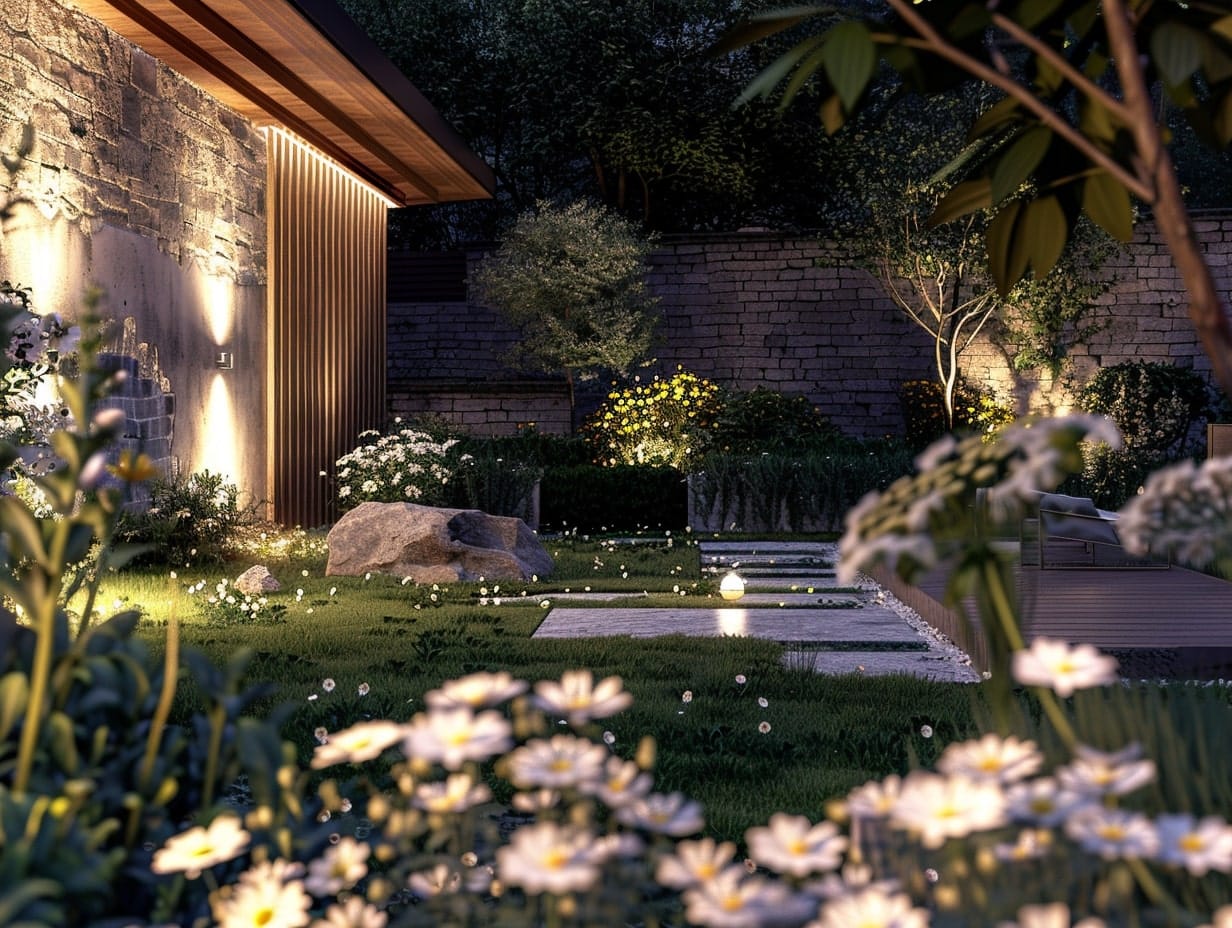 A moonlight garden with white and light-colored flowers