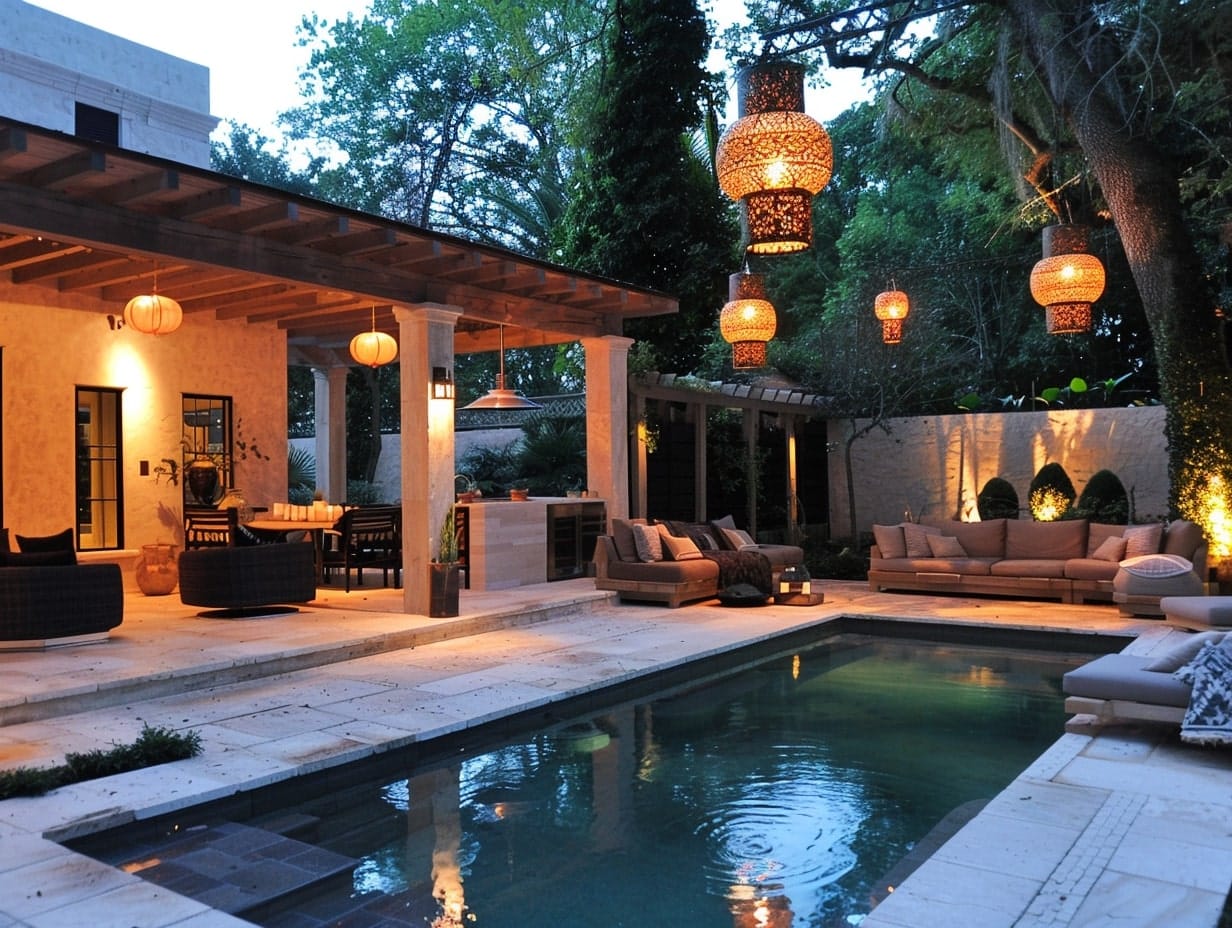 Moroccan lanterns hanging from garden trees