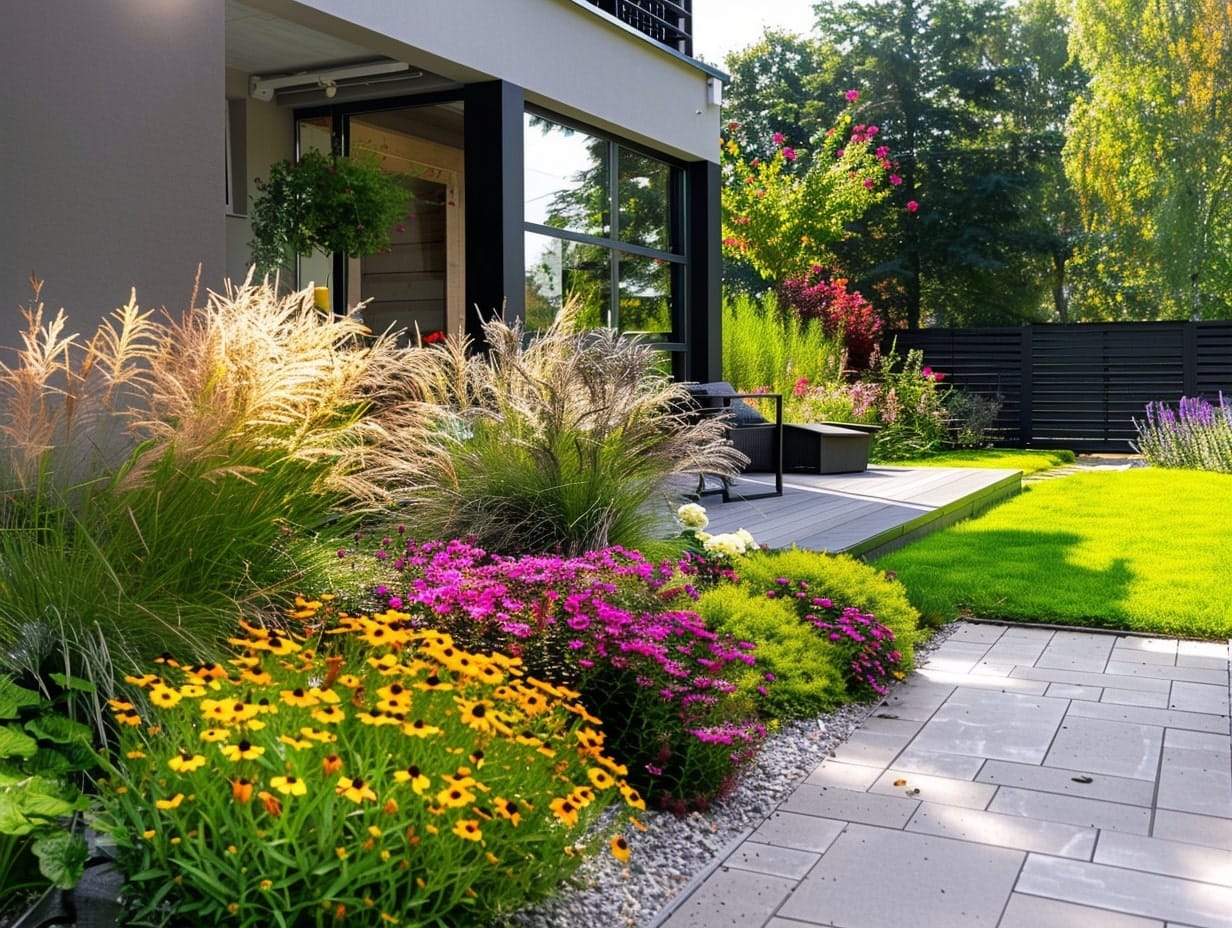 A backyard garden decorated with ornamental grasses and flowers