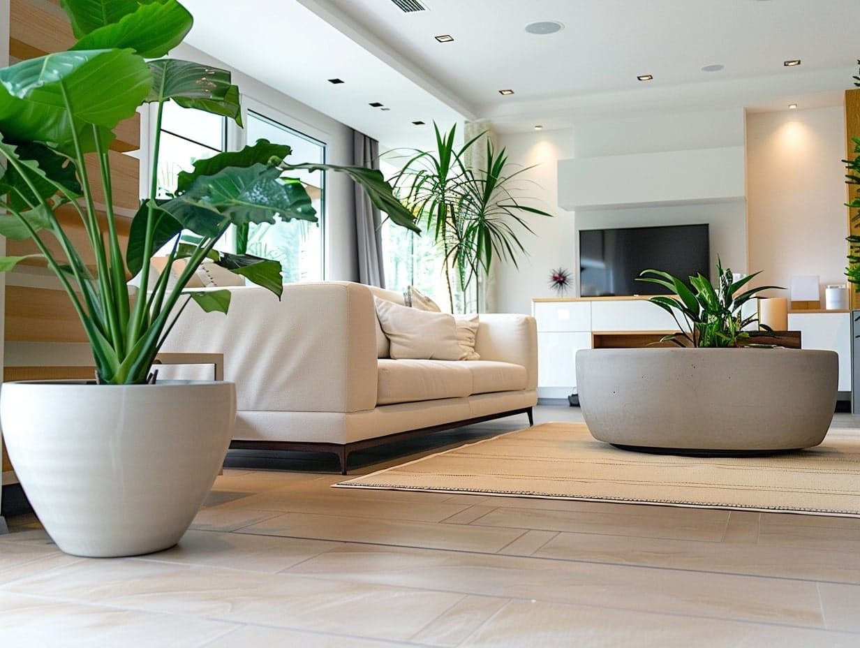 Oversized planters in a living room setup