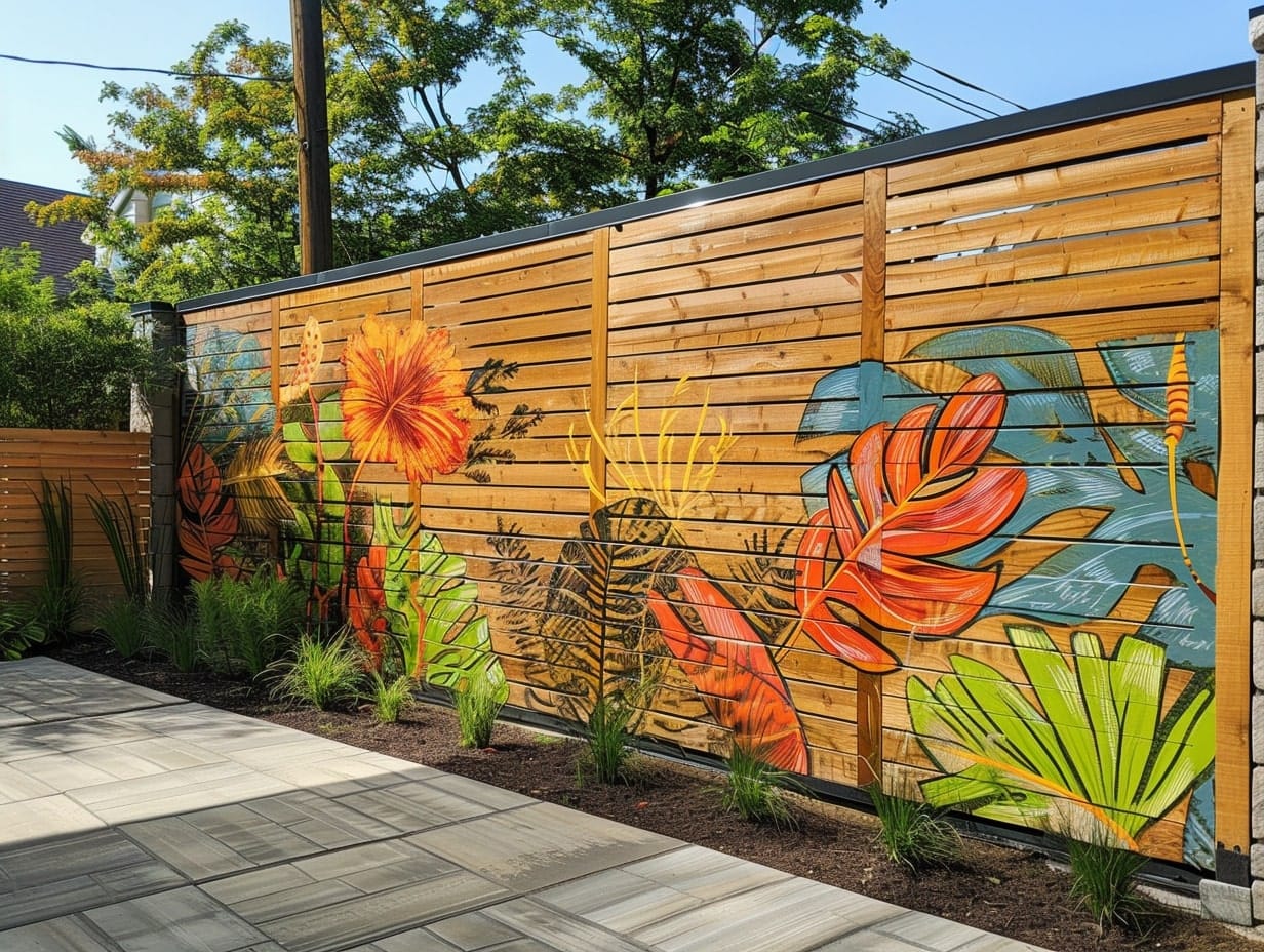 A wooden garden fence with painted murals