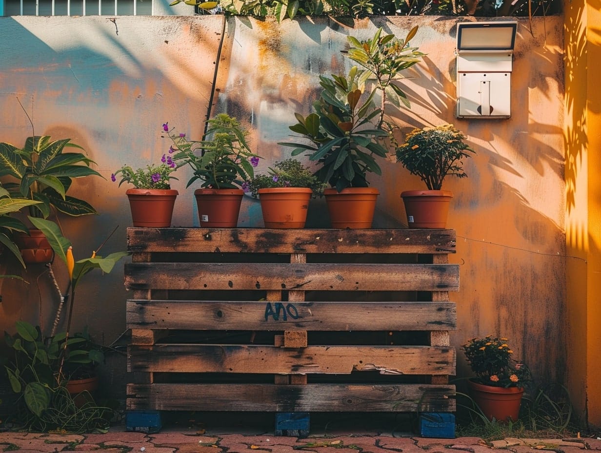 A pallet placed against a wall and used for shelving potted plants