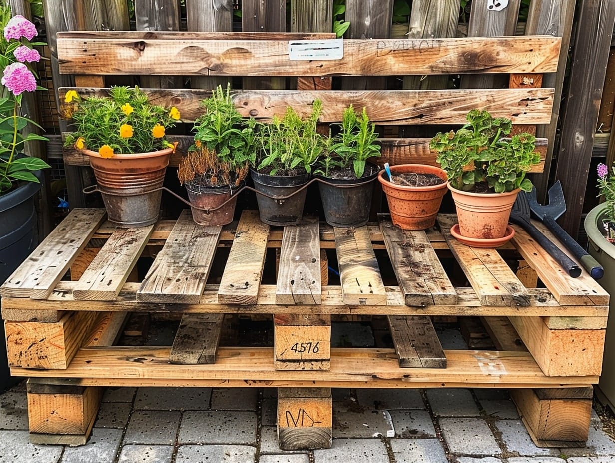 Pallets used to create a bench for placing plants and flower pots