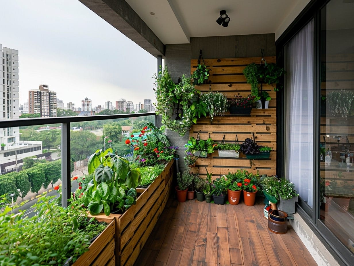 A vertical pallet garden in an apartment balcony