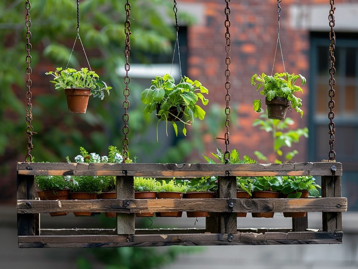 A pallet hanging from the ceiling for storing plants