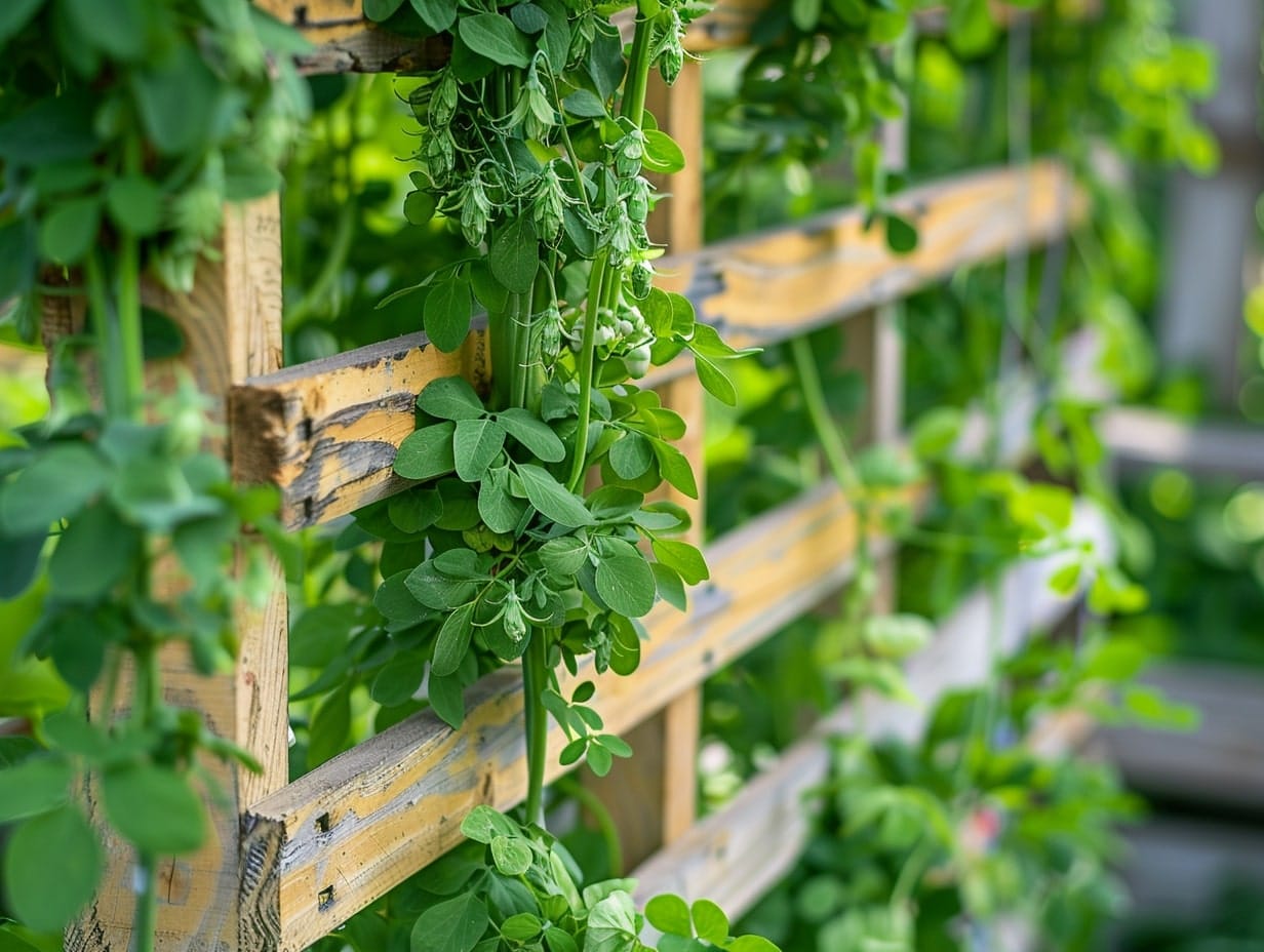 Pallets used as trellises and covered with climbing vines