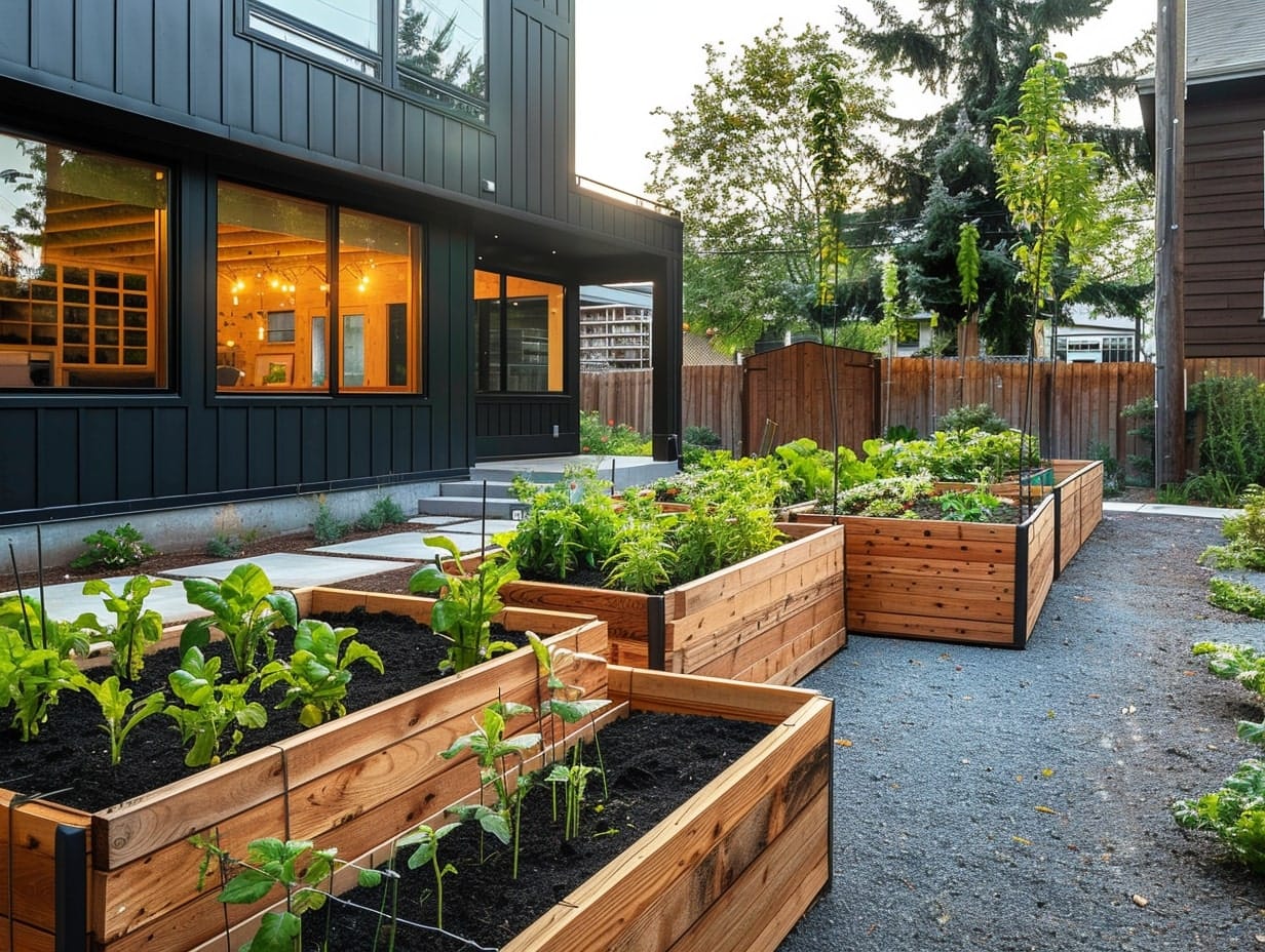 Multiple pallet vegetable gardens in a backyard