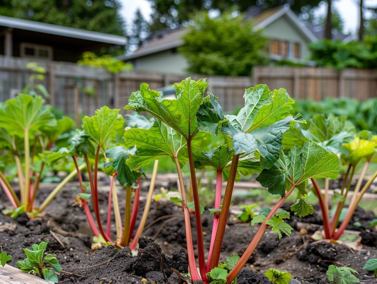 Rhubarb plantings in a backyard garden