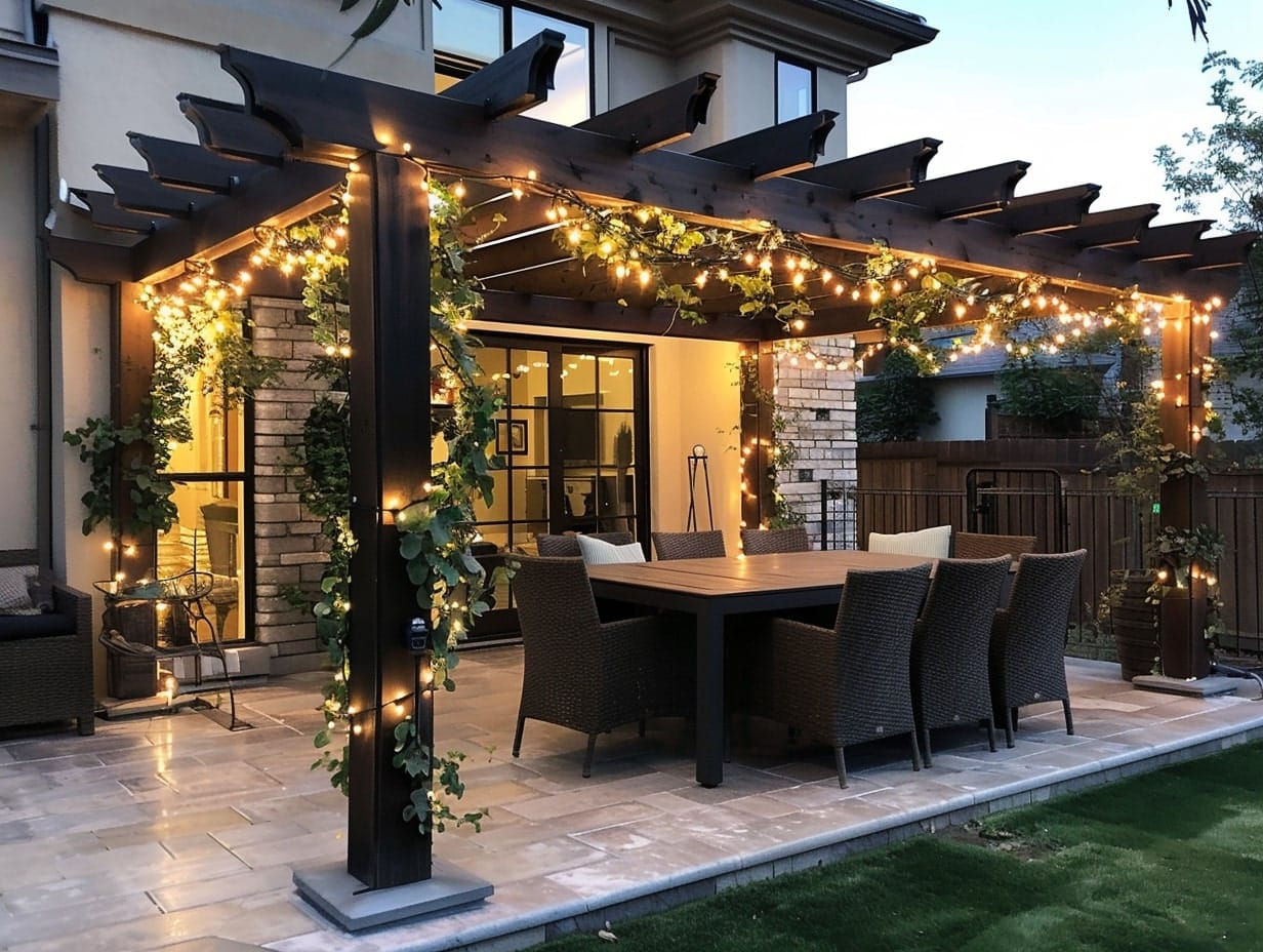 A pergola decorated with climbing vines and fairy lights