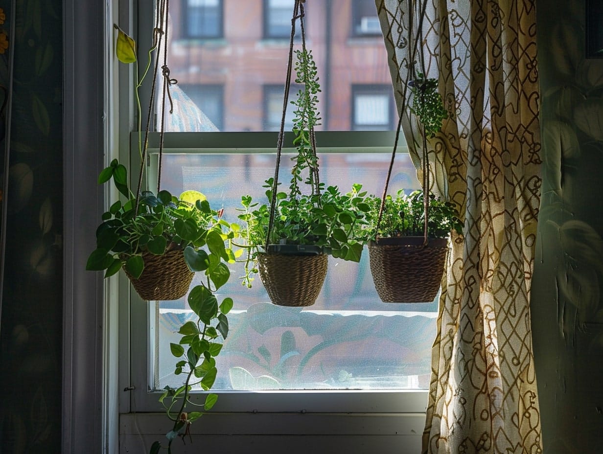 Planters hanging from a window curtain rod
