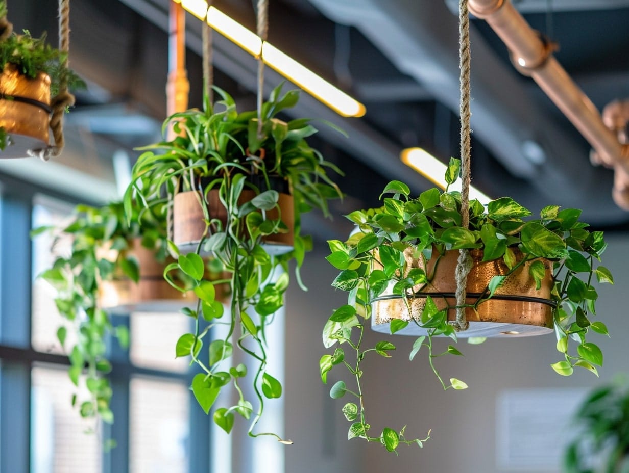 Planters hanging from metal pipes in a home