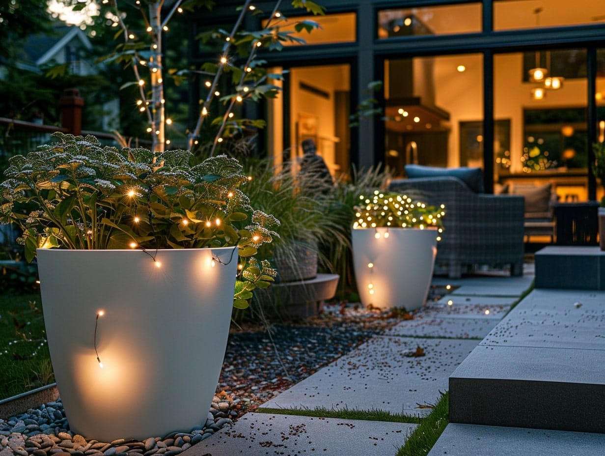 Backyard planters decorated with string lights 