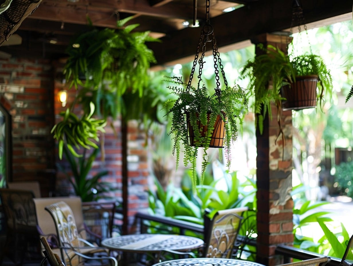 Plants hanging from the ceiling, above furniture