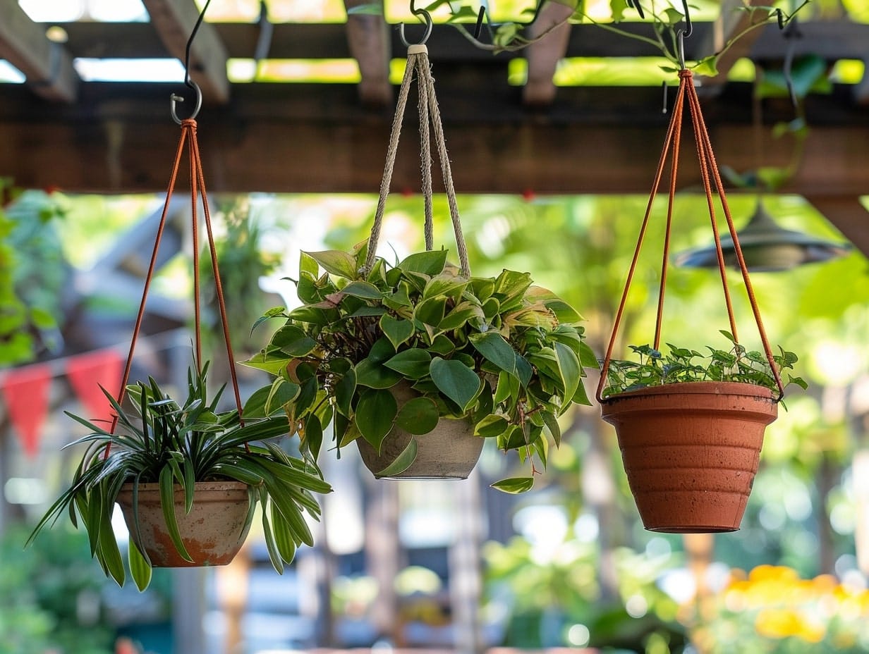 Plants hanging from a pergola's beams