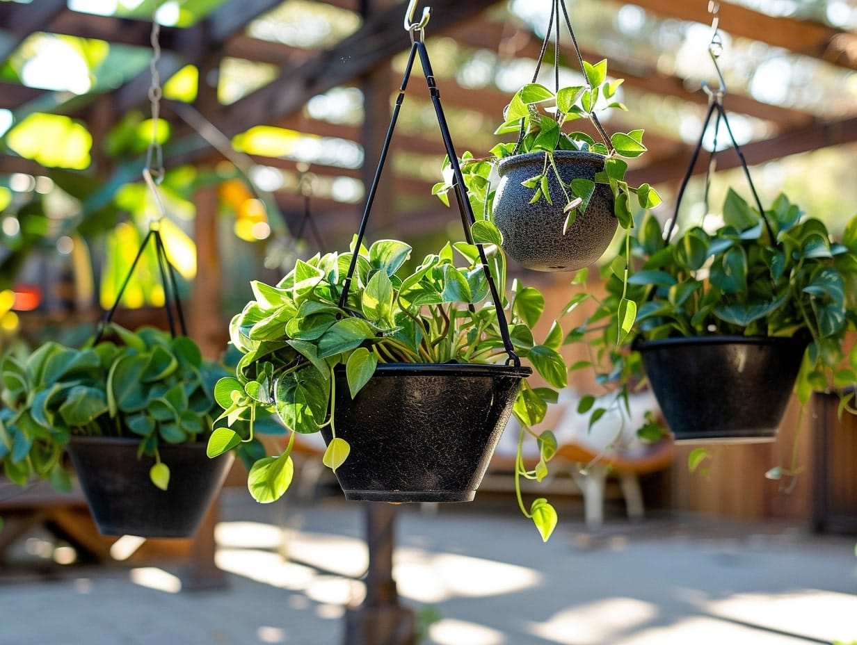Planters hanging from S hooks in a backyard