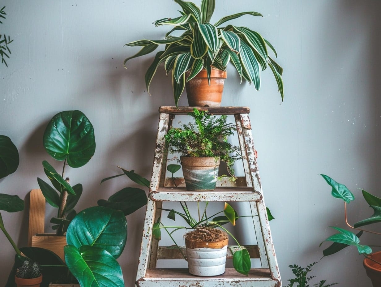 Indoor plants arranged on a step garden