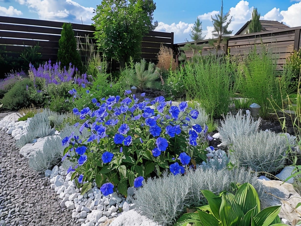 A garden with blue flowers and silver foliage