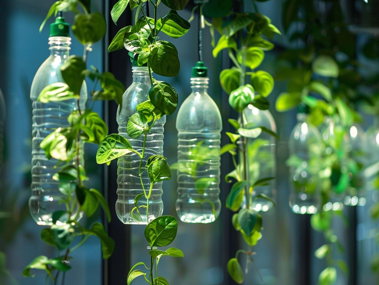 Plastic bottles used as hanging planters