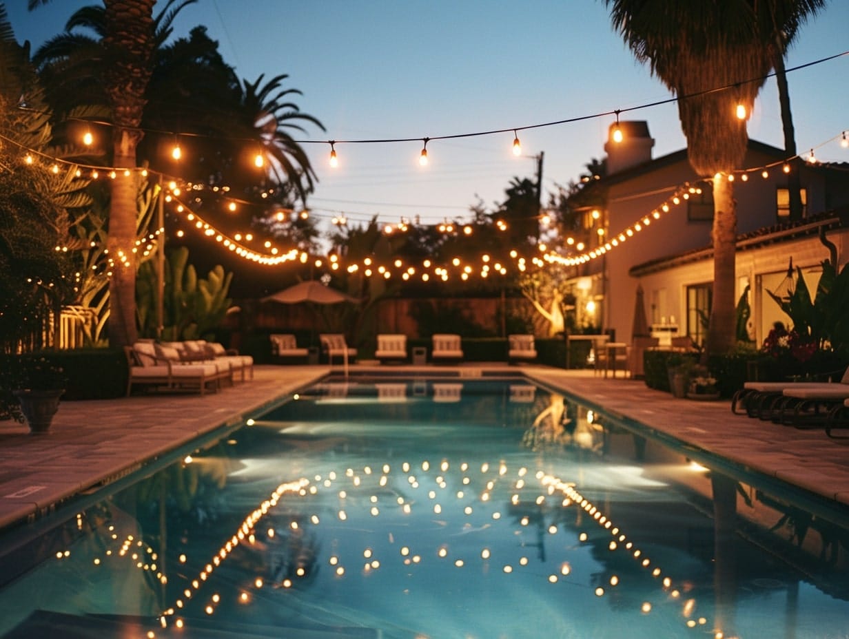String light hanging above a backyard swimming pool