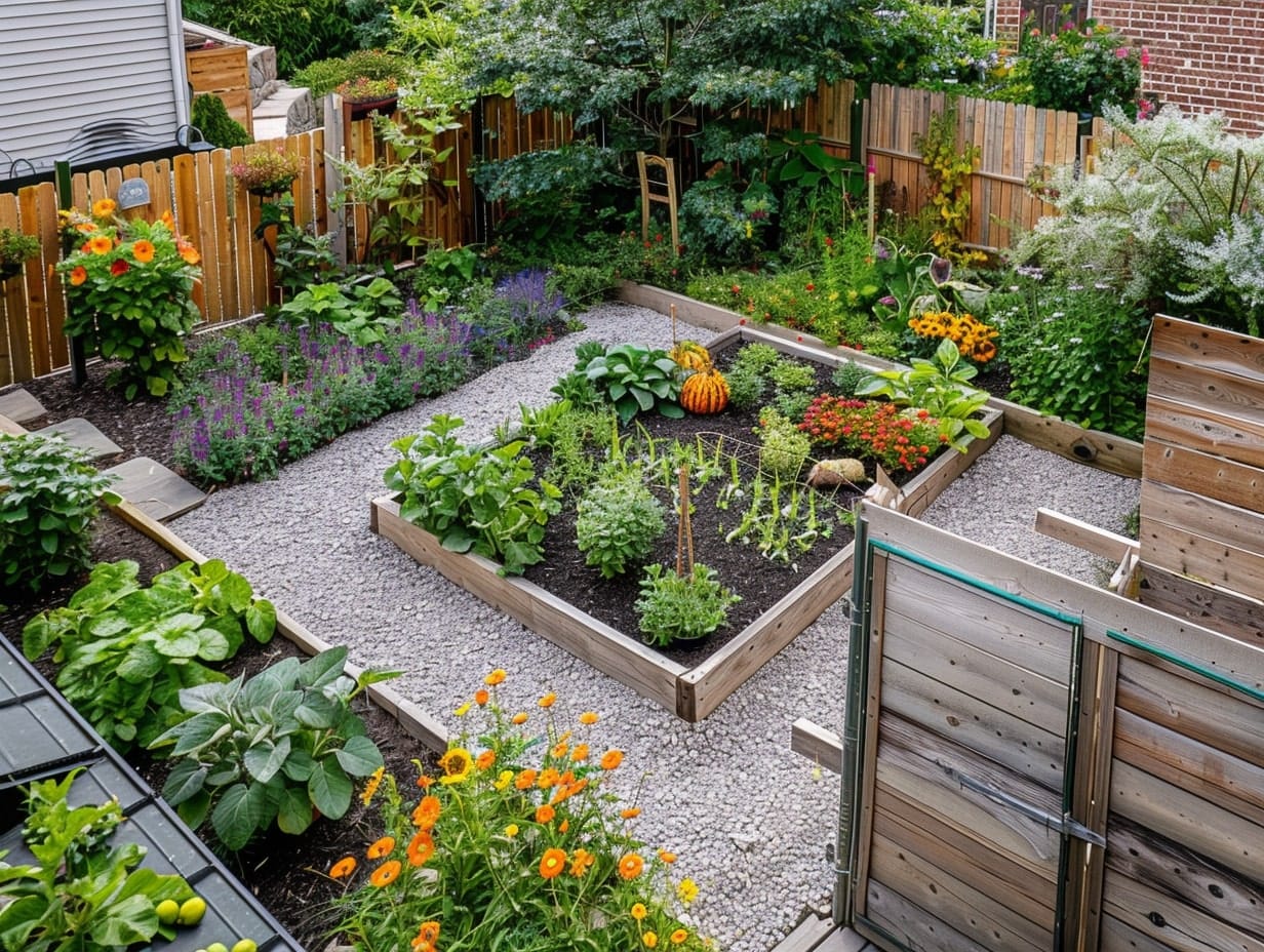 A potager garden with fruits, flowers, vegetables and herbs